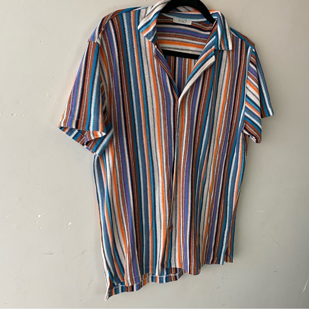 PHO Firenze Italy Vertical Stripe Knit Button Up Shirt Resort Luxury Sz L - Picture 5 of 11
